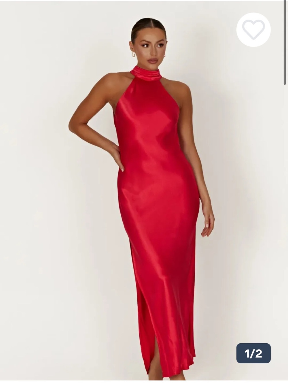 MESHKI CLAIRE SATIN DRAPE BACK MAXI DRESS WITH SPLIT IN RED Sz S